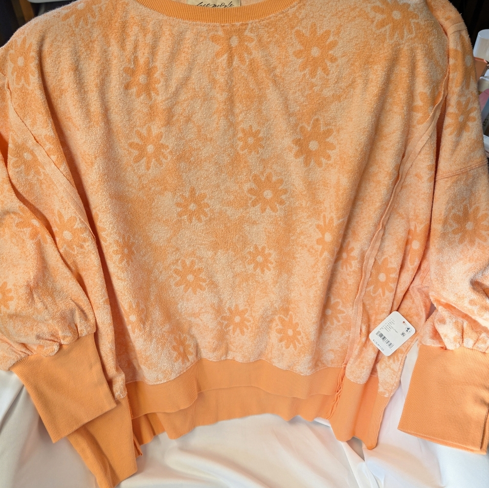 Free People Steal My Sunshine Pullover Terry Cloth Blend Orange White Large NWT - Picture 9 of 13